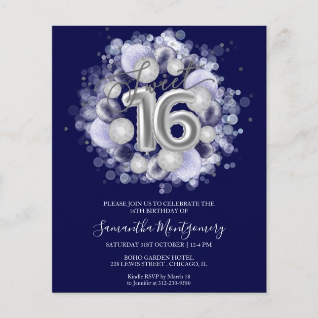 Silver Foil Sweet 16 Balloons Budget Invitation (Front)