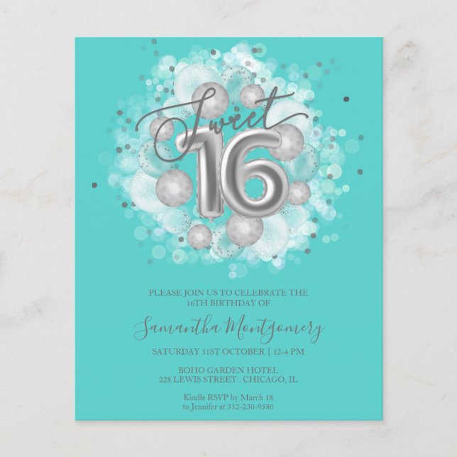 Silver Foil Sweet 16 Balloons Budget Invitation (Front)