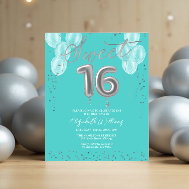 Silver Foil Sweet 16 Balloons Budget Invitations (Creator Uploaded)