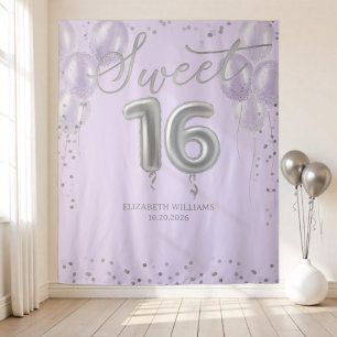 Silver Foil Sweet 16 Balloons Lavender Backdrop Tapestry
