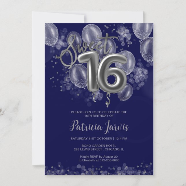 Silver Foil Sweet 16 Balloons Party Royal Blue Invitation (Front)