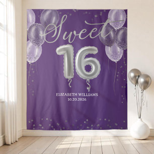 Silver Foil Sweet 16 Balloons Purple Backdrop Tapestry