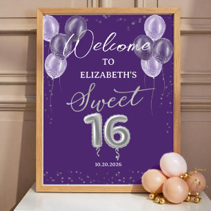 Silver Foil Sweet 16 Balloons Purple Welcome Sign