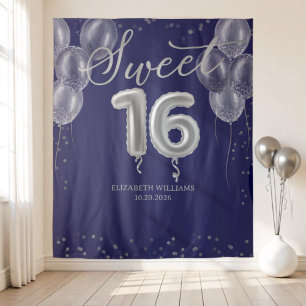 Silver Foil Sweet 16 Balloons Royal Blue Backdrop Tapestry