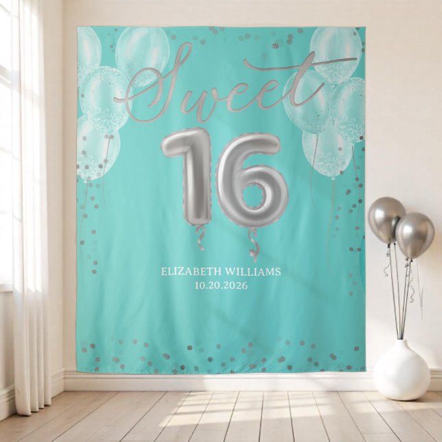 Silver Foil Sweet 16 Balloons Royal Teal Backdrop Tapestry (Creator Uploaded)