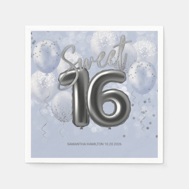  Silver Foil Sweet 16 Bday Balloons Dusty Blue Napkin (Front)