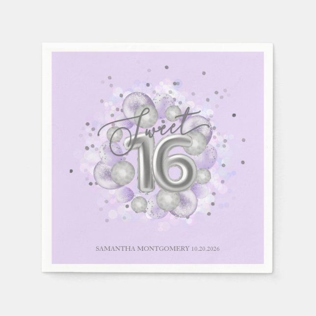Silver Foil Sweet 16 Bday Balloons Party Lavender Napkin (Front)