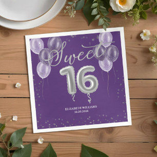 Silver Foil Sweet 16 Bday Balloons Party Purple Na Napkin