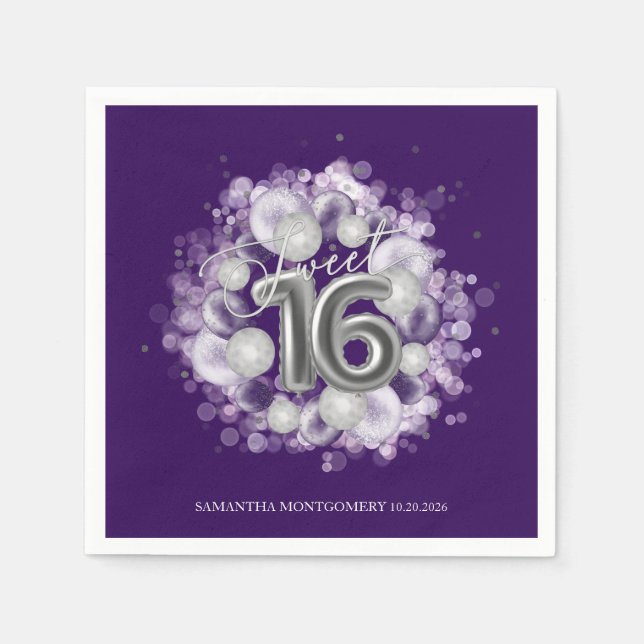 Silver Foil Sweet 16 Bday Balloons Party Purple Napkin (Front)