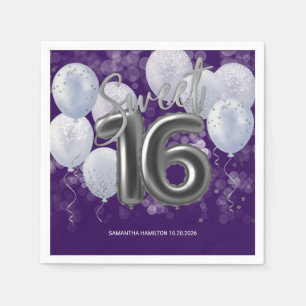  Silver Foil Sweet 16 Bday Balloons Party Purple Napkin