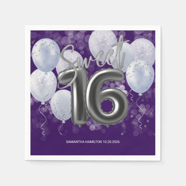  Silver Foil Sweet 16 Bday Balloons Party Purple Napkin (Front)