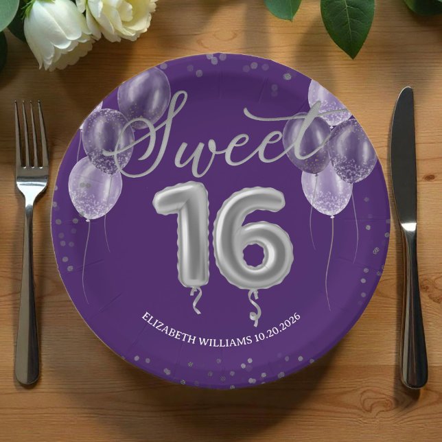  Silver Foil Sweet 16 Bday Balloons Party Purple Paper Plate (Creator Uploaded)