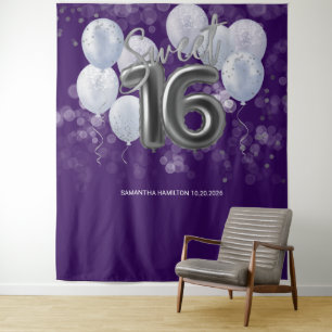 Silver Foil Sweet 16 Bday Balloons Purple Backdrop Tapestry
