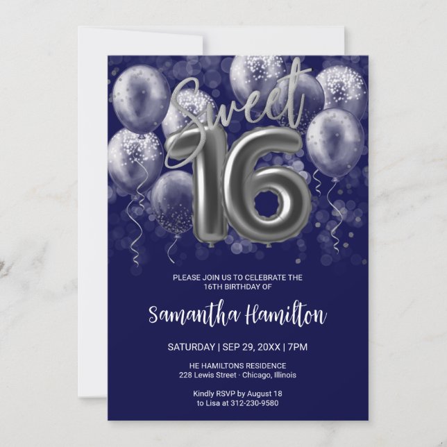 Silver Foil Sweet 16 Bday Balloons Royal Blue Invitation (Front)