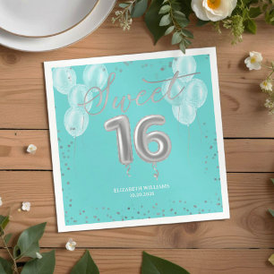 Silver Foil Sweet 16 Bday Balloons Royal Teal Napk Napkin