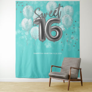 Silver Foil Sweet 16 Bday Balloons Teal Backdrop Tapestry