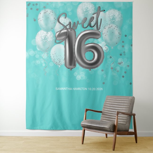 Silver Foil Sweet 16 Bday Balloons Teal Backdrop Tapestry (In Situ)