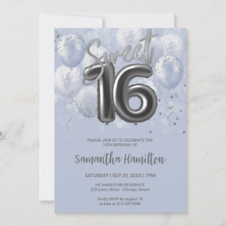 Silver Foil Sweet 16 Birthday Balloons Dusty Blue Invitation