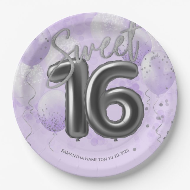 Silver Foil Sweet 16 Birthday Balloons Lavender Pa Paper Plate (Front)