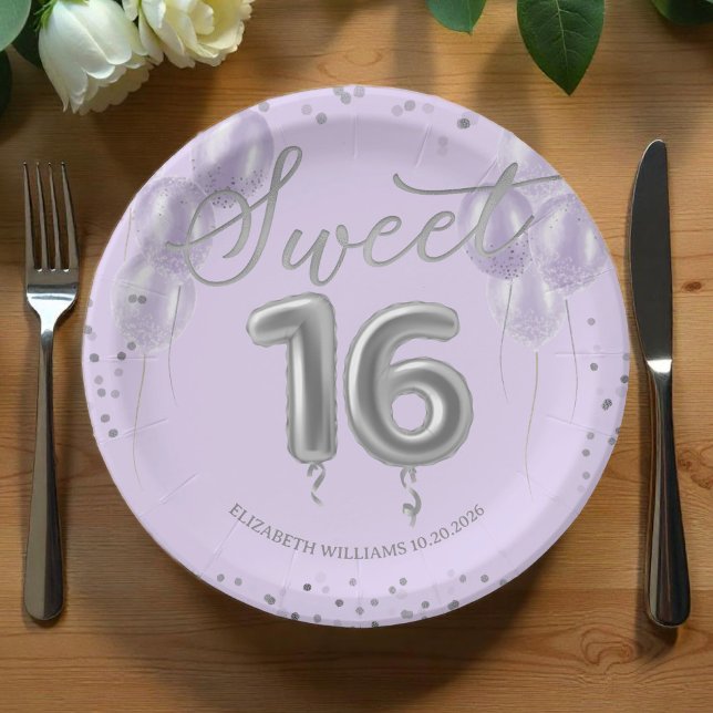Silver Foil Sweet 16 Birthday Balloons Lavender Paper Plate (Creator Uploaded)