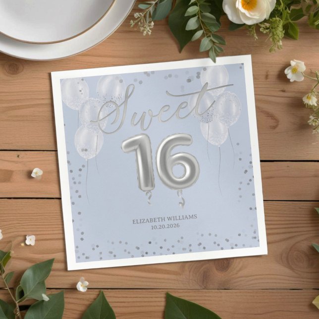 Silver Foil Sweet 16 Birthday Balloons Party Blue  Napkin (Creator Uploaded)