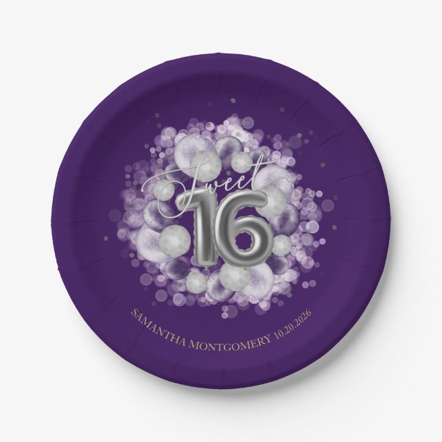 Silver Foil Sweet 16 Birthday Balloons Party Paper Plate (Front)