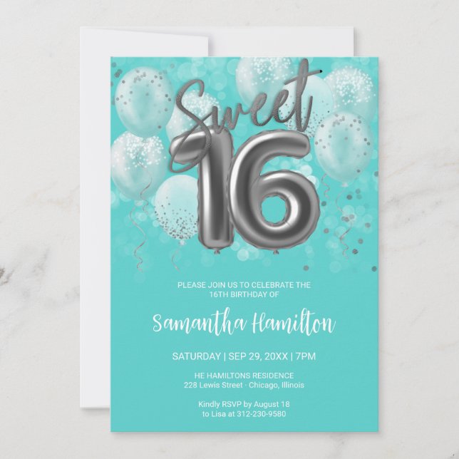 Silver Foil Sweet 16 Birthday Balloons Party Teal Invitation (Front)
