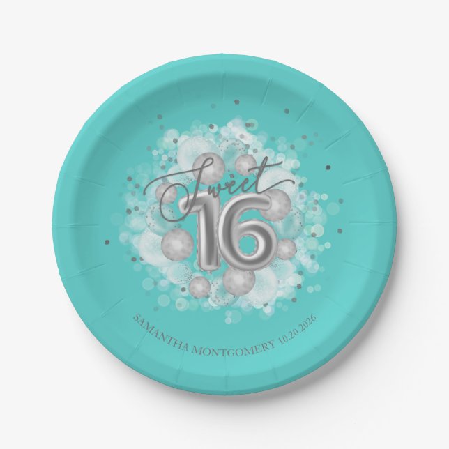 Silver Foil Sweet 16 Birthday Balloons Party Teal Paper Plate (Front)