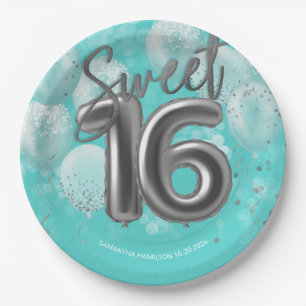Silver Foil Sweet 16 Birthday Balloons Party Teal Paper Plate