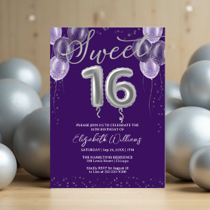 Silver Foil Sweet 16 Birthday Balloons Purple Invitation