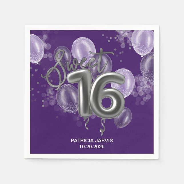 Silver Foil Sweet 16 Birthday Balloons Purple Napkin (Front)
