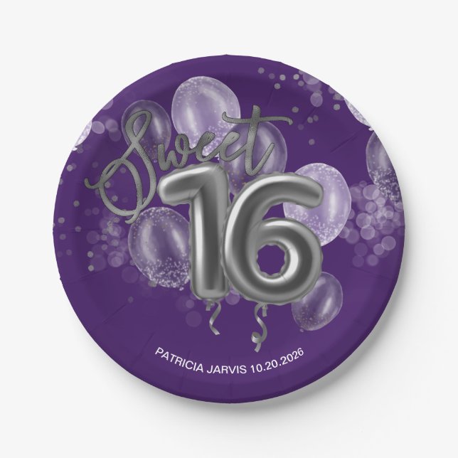 Silver Foil Sweet 16 Birthday Balloons Purple Paper Plate (Front)