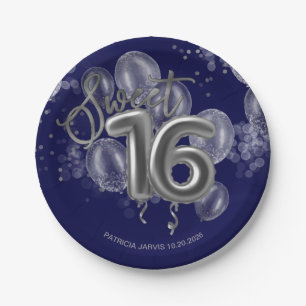 Silver Foil Sweet 16 Birthday Balloons Royal Blue Paper Plate