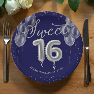 Silver Foil Sweet 16 Birthday Balloons Royal Blue  Paper Plate