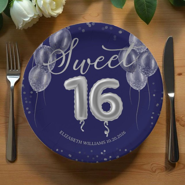 Silver Foil Sweet 16 Birthday Balloons Royal Blue  Paper Plate (Creator Uploaded)