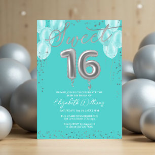Silver Foil Sweet 16 Birthday Balloons Royal Teal Invitation