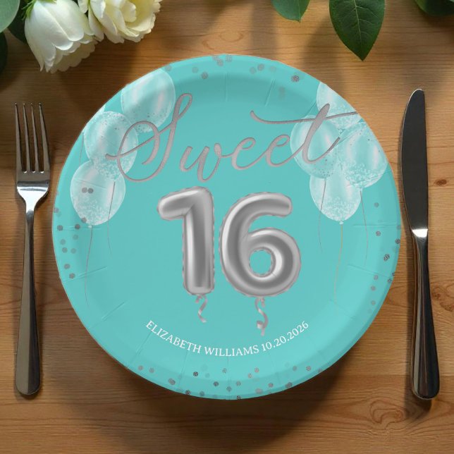 Silver Foil Sweet 16 Birthday Balloons Royal Teal  Paper Plate (Creator Uploaded)