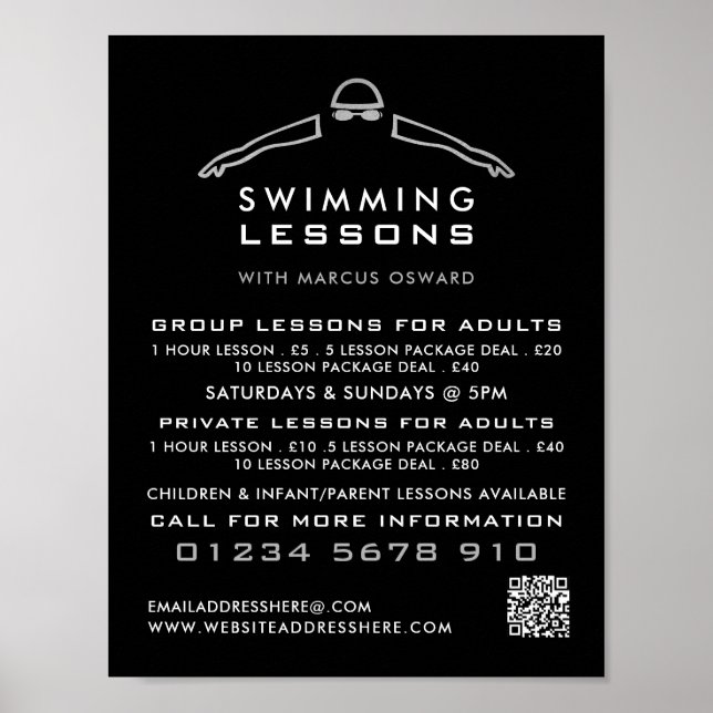 Silver Foil Swimmer Icon, Swimming Lesson Advert Poster (Front)