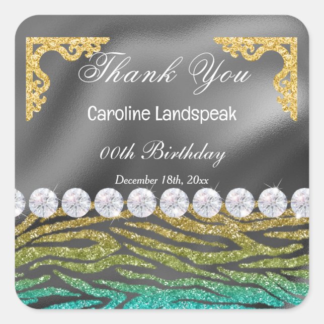 Silver Foil, Teal Glitter Zebra Print Birthday Square Sticker (Front)