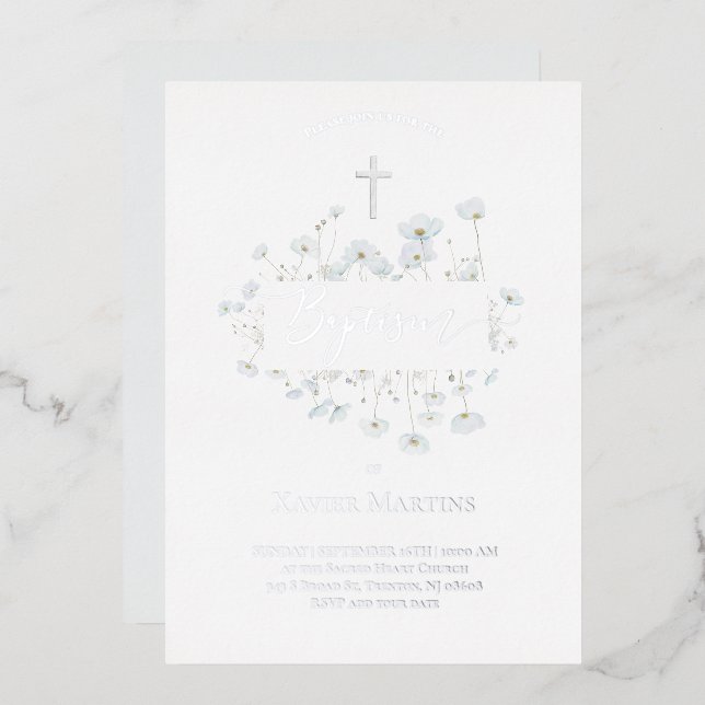 silver foil text Baptism delicate flowers (Front/Back)