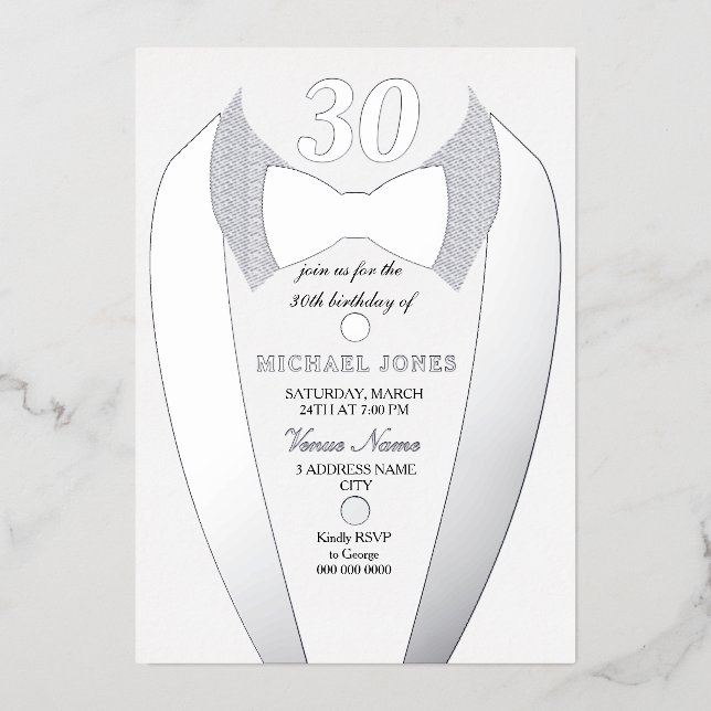Silver Foil Tuxedo Suit Mens 30th Birthday Party (Front)