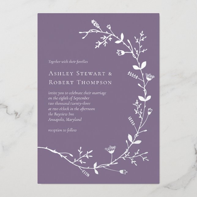 Silver Foil Vine Scroll Wedding, Dusty Purple (Front)