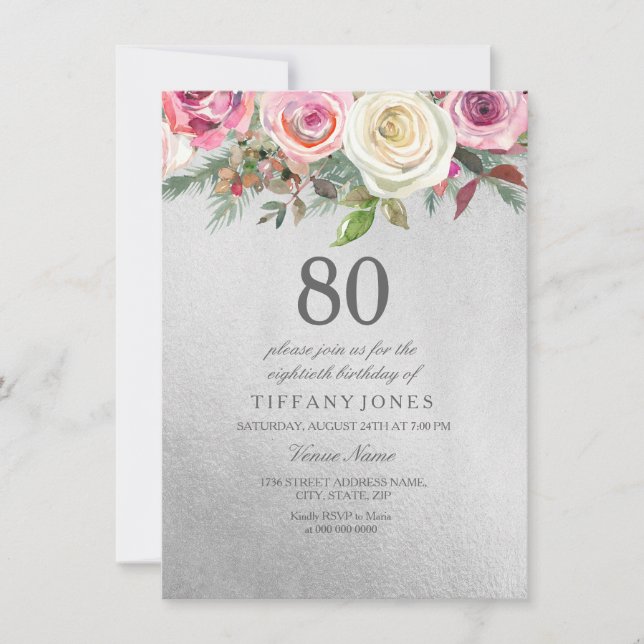 Silver Foil White Pink Rose 80th Birthday Invite (Front)