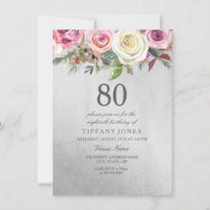 Silver Foil White Pink Rose 80th Birthday Invite