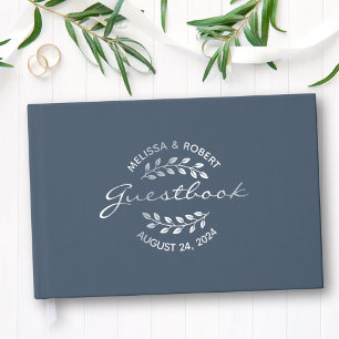 Silver Foil Wreath on Blue Wedding Guest Book