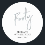 Silver Forty 40th Birthday Favour Thank you Classic Round Sticker<br><div class="desc">This simple custom thank you sticker will add stylish detail to your special day. This design features modern silver script lettering " Forty" with custom text. Matching 40th birthday invitations and party supplies are available in my shop BaraBomDesign.</div>