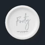 Silver Forty Lettering 40th birthday Paper Plates<br><div class="desc">This simple custom paper plate will add stylish detail to the modern 40th birthday. This design features silver chic lettering "Forty" with custom text. Matching invitations and party supplies are available in my shop BaraBomDesign.</div>