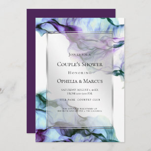 Silver Frame Abstract Plum Teal Flowing Ink Invitation