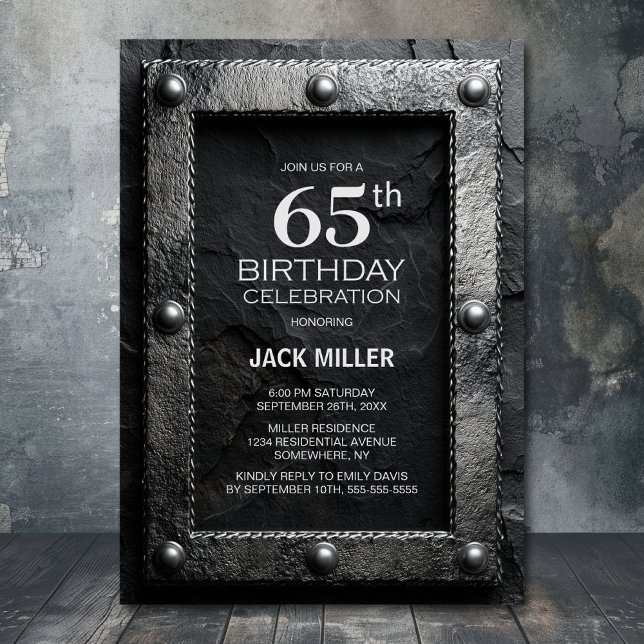 Silver Frame Black Slate 65th Birthday Party Invitation (Creator Uploaded)