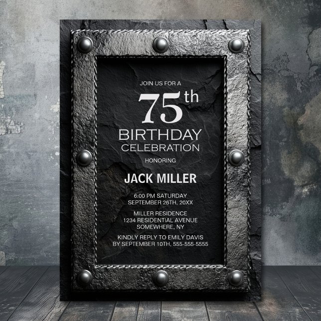 Silver Frame Black Slate 75th Birthday Party Invitation (Creator Uploaded)